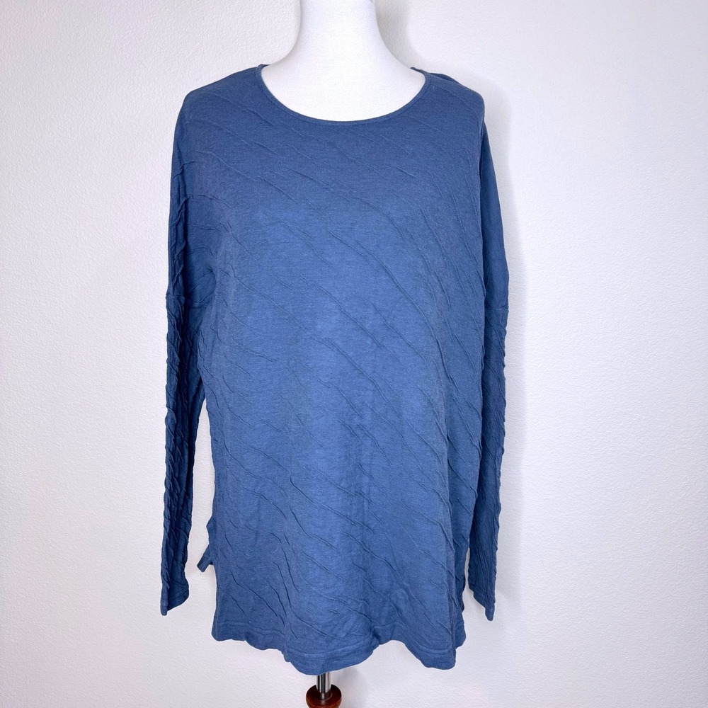 CUT LOOSE Crinkle Knit Tunic L/XL Blue Long Dolman Sleeves Minimalist Stretch